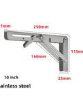 Heavy Duty Stainless Steel Folding Shelf Brackets Collapsible Wall Mount 10 Inch Silver with dimensions labeled