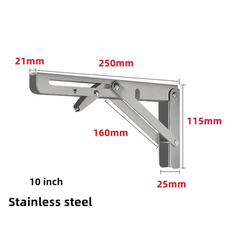 Heavy Duty Stainless Steel Folding Shelf Brackets Collapsible Wall Mount 10 Inch Silver with dimensions labeled