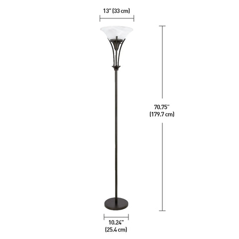 71 Inch Dark Bronze Floor Lamp With Alabaster Glass Shade, Rustic Modern Style, full view with measurements shown.