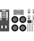 Top view of Hiwonder 4WD mecanum robot chassis kit with four encoder motors, metal brackets, and mounting hardware.