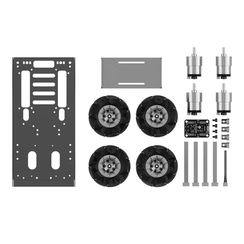 Top view of Hiwonder 4WD mecanum robot chassis kit with four encoder motors, metal brackets, and mounting hardware.