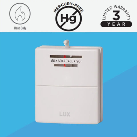 Heating Only Mechanical Thermostat With Easy Dial Control Non Programmable Mercury Free Sensor No Frills Budget Friendly Replacement For Home Furnaces And Baseboard Heaters Simple Install shown on blue background