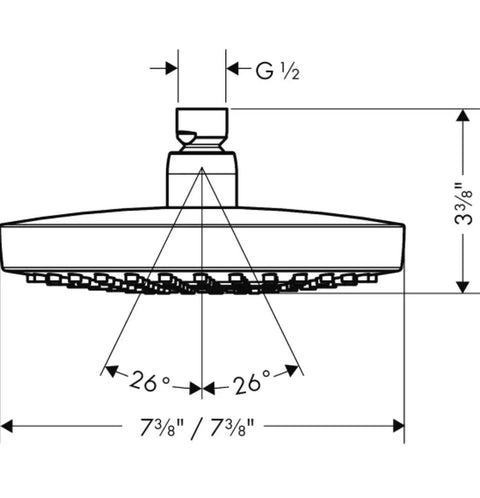 Technical diagram of 7 Inch Showerhead With Rain And IntenseRain Sprays, Low Flow Water Saving, QuickClean, White Chrome Finish, EcoRight 1.8 GPM