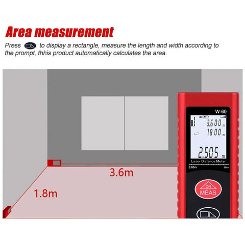 SagaSave Laser Measure, Digital Laser Distance Meter,M/in/Ft Unit Switching Backlit LCD and Pythagorean Mode, Measure Distance, Area and Volume(80m,Red) screen showing area measurement.