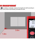 BE-TOOL Laser Measure, Laser Distance Meter (M/in/F), Mute Function Large LCD Backlit, measuring area dimensions on screen.