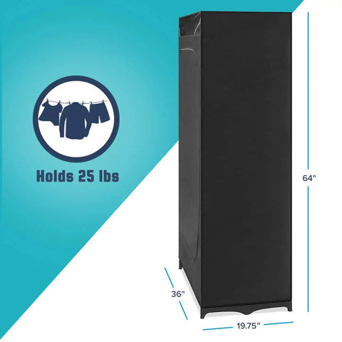 Easy Setup Portable Wardrobe Closet Storage Organizer With Hanging Rack See Through Window No Tool Assembly Washable Fabric Cover Durable Heavy Duty Build 19.75x36x64 Inches shown with dimensions and weight limit