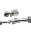 Front view of stainless steel 304 compression tube reducer union and straight adapter, 3/8 in to 1/4 in OD, set of 2