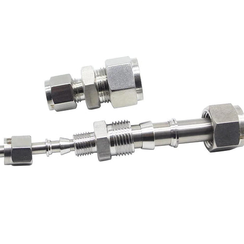 Front view of stainless steel 304 compression tube reducer union and straight adapter, 3/8 in to 1/4 in OD, set of 2