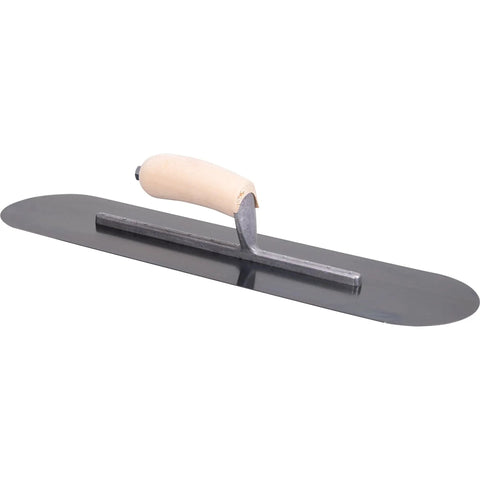 Pool Trowel With 20 Inch Blue Steel Blade Flexible For Radius Finishes Wood Handle Short Aluminum Alloy Mounting With 12 Rivets