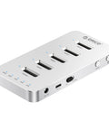 Built Different Five Bay M.2 NVMe SATA SSD Docking Station with USB 3.0 connections and cloning buttons, sleek aluminum design.