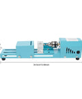 Mini Wood Lathe for Desktop Use with 7 Speed Settings 96W Motor Up to 9000 RPM shown from side angle with measurements.