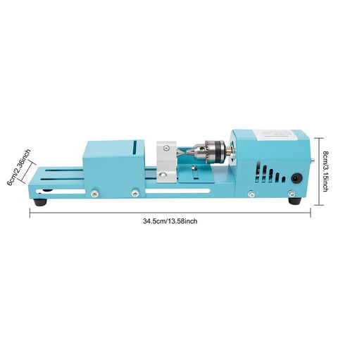 Compact Mini Wood Lathe And Milling Machine For Engraving Sanding Cutting Multi Purpose Tabletop Tool shown at side angle with measurement specifications.