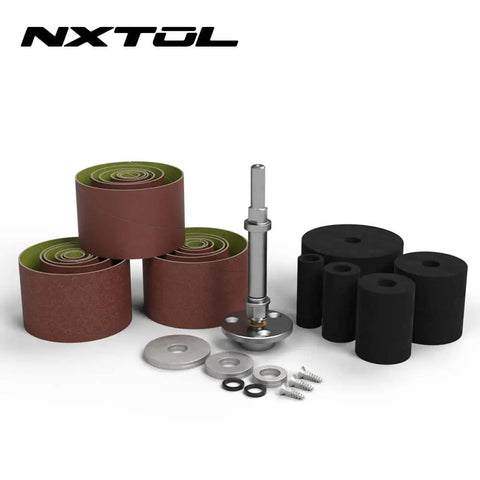 Turn Your Drill Press Into A Dope Power Spindle Sander With 2 Inch Mandrel And Bottom Support For Maximum Rigidity, Includes 5 Piece Sanding Drums And 18 Assorted Sleeves In Coarse Medium Fine Grits with sanding drums, mandrel, and components displayed.