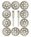 Diamond Cutting Wheel Set For Rotary Tools With 10 Diamond Cutting Wheels, 1 Cylinder Diamond Bit, And 2 Mandrels 1/8 Inch Shank