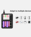 Six Slot Smart Battery Charger And Analyzer With LCD Display For AA AAA 18650 Rechargeables shown with compatible devices