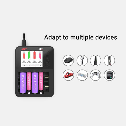 Six Slot Smart Battery Charger And Analyzer With LCD Display For AA AAA 18650 Rechargeables shown with compatible devices