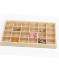 Switch Up Your Desktop Jewelry Tray With Adjustable Grid Dividers For Earrings And Rings Premium Sackcloth Organizer showing khaki grid tray.