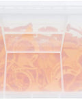 Grab and Go Stackable Plastic Storage Bins for Garage Pantry and Craft Organization Clear 11 by 8 by 7 Inches 6 Pack Holds Up to 50 Pounds Durable Space Saving Organizer showing orange items inside clear bin