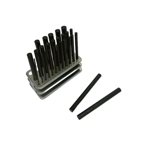 Rocking This Ultimate 28 Piece Steel Transfer Punch Set For Machining Pros That Hits Every Size From 3/32 To 1/2 Inch Plus The Rare 17/32 Fitment, Crafted From Heat Treated Tooling Steel To Nail Precise Layout Work In Any Heavy Duty Shop Without Breaking. 28-piece black oxide steel transfer punch set on holder, with two loose punches