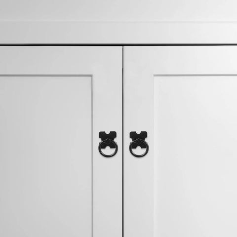 White cabinet with 4 Piece Black Cabinet Ring Pulls For Drawers And Cabinets, Vintage Style Furniture Hardware Handles, zinc alloy