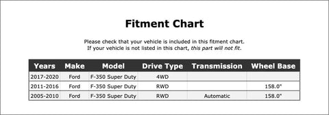 Fitment chart for Beefed Up Front Or Rear Drive Shaft Slip Yoke For Ford F350 Super Duty 2005 To 2020 with details.