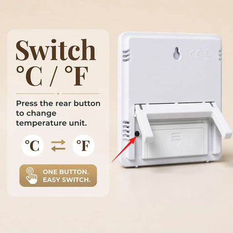 Smart Indoor Hygrometer And Thermometer For Home And Office With Crisp Temperature And Humidity Readings Compact Room Sensor For Baby Rooms Pets Bedrooms And Kitchen Comfort back view with °C/°F switch button