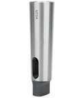 Front view: MT5 to MT4 taper reducing drill sleeve; high-speed steel, silver cylindrical sleeve with inner bore
