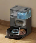 Smart Robot Vacuum And Mop Combo With Auto Wash Dock For Busy Homes Extended DualClean Mop Pads Self Emptying Pad Wash And Heated Drying Self Cleaning Obstacle Avoidance LiDAR Navigation For Easy Deep Floor Cleaning showing auto wash dock and components on wooden floor