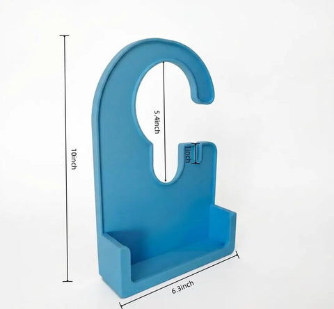 Pump Holder For Enteral Feeding Pump No Tools Needed Snap Fit 3D Printed Carrier Stand With Tubing Management Secure Clip For IV Poles And Home Use Portable Mount To Keep Your Pump Handy. Blue 3D-printed pump holder with dimensions marked, featuring a snap-fit clip and base.