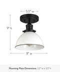 Cozy Rustic Farmhouse Ceiling Light Semi Flush Mount With Matte Black Finish And White Metal Shade Dimmable Fixture, 8x8x9 inches
