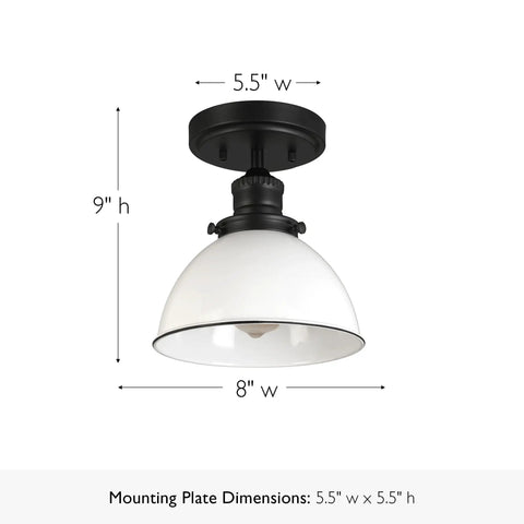 Cozy Rustic Farmhouse Ceiling Light Semi Flush Mount With Matte Black Finish And White Metal Shade Dimmable Fixture, 8x8x9 inches