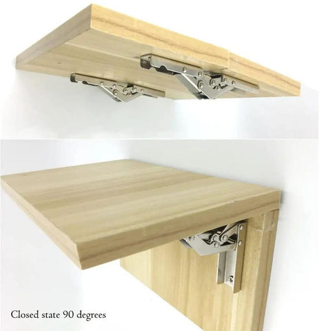 Heavy Duty Stainless Steel 90 Degree Folding Hinge Hidden Shelf Bracket Table Mount With No Sweat Setup For Cabinetry And Decor Built Tough Rust Resistant Hardware Kit 2 Piece Set in closed state