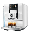 Slick Smart Fully Automatic Coffee Center With Dope Hot And Cold Brew Options Ai Powered Touchscreen Wifi App Control Integrated Grinder Diamond White Finish with two espresso cups.