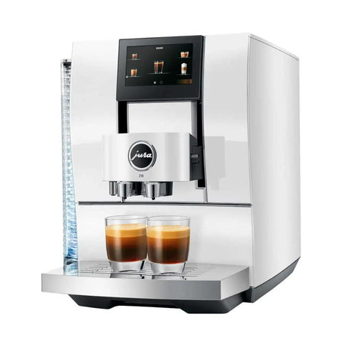 Slick Smart Fully Automatic Coffee Center With Dope Hot And Cold Brew Options Ai Powered Touchscreen Wifi App Control Integrated Grinder Diamond White Finish with two espresso cups.