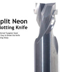 Close-up of a tungsten carbide CNC router bit with spiral flutes and cylindrical shank for neon slotting.