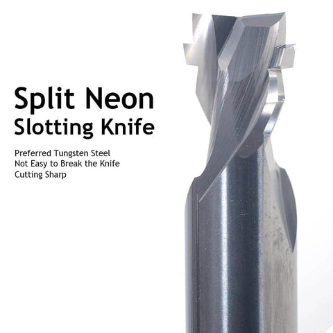 Close-up of a tungsten carbide CNC router bit with spiral flutes and cylindrical shank for neon slotting.