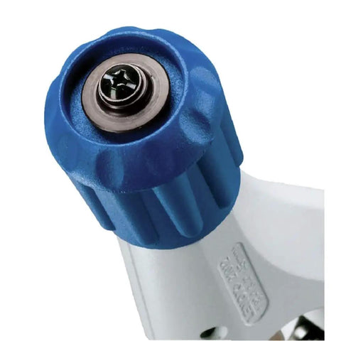 Close-up of ergonomic blue handle on Tube Cutter 1/8 To 1-3/4 Inch With Full Stop Feed System Keeps Wheels From Contact, Quick Wheel Change
