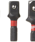 Shockwave Impact Duty Insert Socket Adapters Set 3 Pieces Heavy Duty Socket Holders For Impact Tools Extreme Durability Heat Treated Pro Steel Engineered For Long Life And Quick Socket Changes, displaying three metal adapters with red bands.