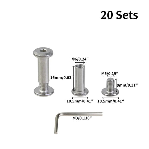 Heavy Duty Stainless Steel Binding Post Screws 20 Pack M5 Thread Terminal Kit with dimensions and hex wrench visible