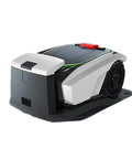 Smart Auto Lawn Robot Mower For Yard Care With Smart Path Planning Auto Charging Weatherproof Build Quiet Operation Safety Protections Low Maintenance All Weather Lawn Care Equipment, side view on white background.