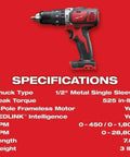 Heavy Duty Compact Hammer Drill Driver With Beefy 500 In Lbs Torque Output And Zero To One Eight Hundred Rpm Settings Featuring All Metal Gearcase Cordless Bare Tool Built Tough For Professional Jobsites with 1/2" chuck and specifications.