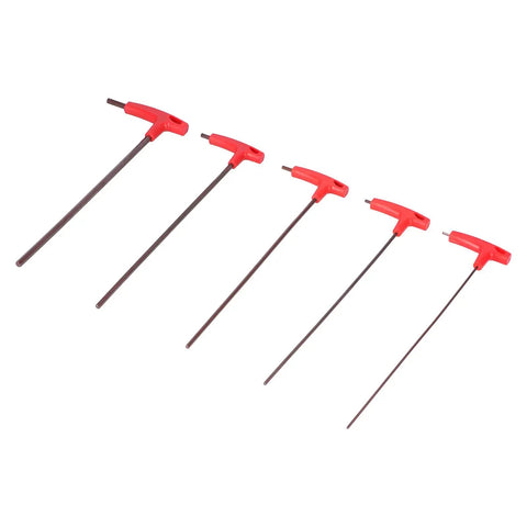 Heavy Duty T Handle Hex Wrench Set With 5 Real S2 Alloy Steel Long Handle Keys For Mechanics Auto Repair And CNC Machines To Nail Down Any Bolt Like A Champ With Maximum Torque And Zero Slippage Guaranteed For The Long Haul. 5-piece red T-handle hex key set, 3-8 mm