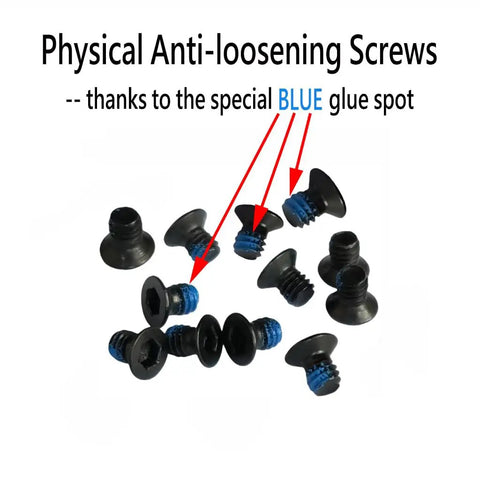 Rock Solid Replacement Screws For Minimalist Wallet Repair Includes Hex And T5 Torx Tools With Lock Tight Construction showing black screws with blue glue spots.