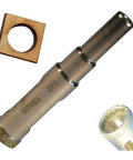 Half Inch Glass Drill Bit For Bottles With Diamond Hole Saw For Bottle Lights And Lamp Kits Drill Guide For Straight Holes Easy Glass Crafting Tool For Drilling Clean Precise Holes In Bottles DIY, showing metal drill bit with diamond-coated tip and a wooden guide.