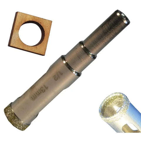 Half Inch Glass Drill Bit For Bottles With Diamond Hole Saw For Bottle Lights And Lamp Kits Drill Guide For Straight Holes Easy Glass Crafting Tool For Drilling Clean Precise Holes In Bottles DIY, showing metal drill bit with diamond-coated tip and a wooden guide.