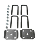 Heavy Duty Trailer Axle U-Bolt Kit With 2-1/8 x 5-3/8 Inch Square U Bolts, Plates, 1/2 Inch Hardware, And 2x2 Tube For Boat, Utility, And Camper Trailers, Stabilizes Tow And Reduces Wobble For Safer Hauling. Kit parts laid out on white background