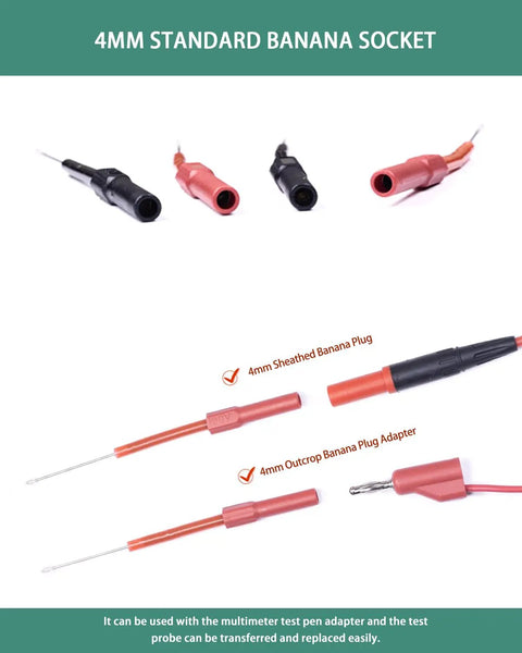 Flexible Back Probe Kit With Ultra Thin 1mm Steel Needles For Tight Car Wiring Access, 4mm banana jack and adapter view