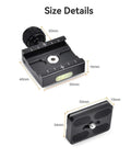Arca Swiss Quick Release Plate Adapter Set in lightweight aluminum with built-in bubble level, detailed size dimensions shown