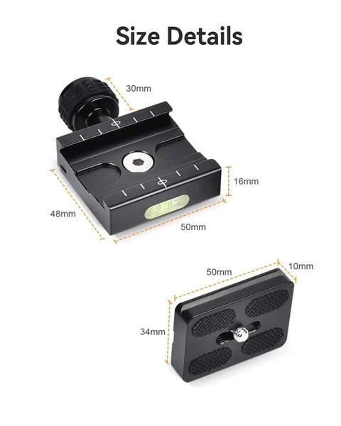 Arca Swiss Quick Release Plate Adapter Set in lightweight aluminum with built-in bubble level, detailed size dimensions shown
