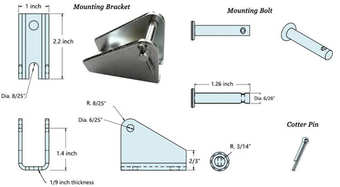 Technical diagram of mounting bracket and components for 12V DC Linear Actuator 30 Inch Stroke With Mounting Brackets, 44 Lb Push Force, Heavy Duty.